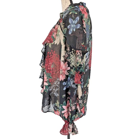 VICTORIAN Dark Fairy Blouse Top MEDIUM Black Floral Button Up Ruffles Excellent - Picture 5 of 14